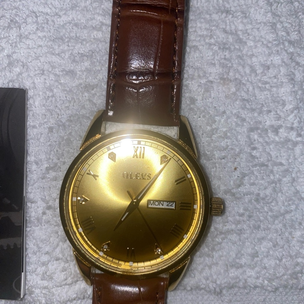 Olevs Gold Dial Watch with Brown Leather Band - Picture 3 of 5